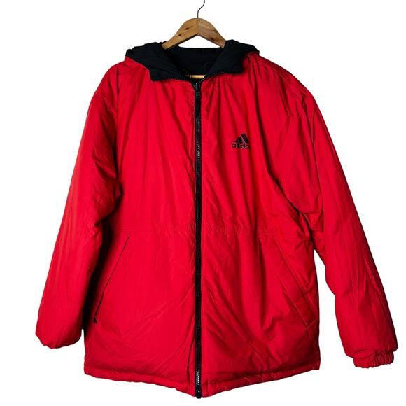 Adidas Mens Terrex Jacket Duck Down Size L Reversible 3 Stripe Black Red Puffer - Picture 2 of 7